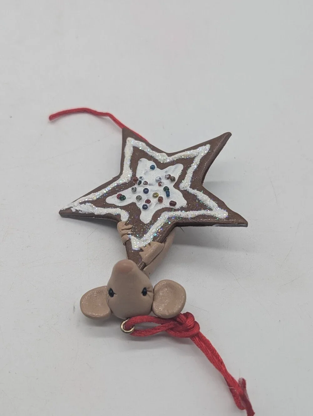 VTG Handmade Polymer Clay Mouse on Gingerbread Star Christmas Ornament